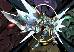 1other abs absurdres blade claws full_body green_eyes highres holding holding_weapon jojo_(qiu_bowen) mecha purple_eyes red_eyes robot sword tagme weapon yellow_eyes