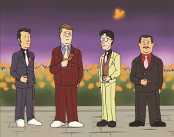  4boys beer_can bill_dauterive black_hair black_shirt blazer blue_shirt brown_vest bug butterfly can closed_mouth collared_shirt commentary_request cosplay dale_gribble drink_can expressionless facial_hair formal full_body glasses grey_jacket grey_pants hank_hill highres insect jacket jeff_boomhauer king_of_the_hill long_sleeves looking_at_another looking_at_viewer male_focus multiple_boys mustache necktie opaque_glasses open_clothes open_jacket orange_butterfly pants parted_bangs pink_necktie red_shirt shirt shoes short_hair standing suit umineko_no_naku_koro_ni ushiromiya_george ushiromiya_george_(cosplay) ushiromiya_hideyoshi ushiromiya_hideyoshi_(cosplay) ushiromiya_krauss ushiromiya_krauss_(cosplay) ushiromiya_rudolf ushiromiya_rudolf_(cosplay) very_short_hair vest white_footwear white_necktie whoa_uwu yellow_necktie 