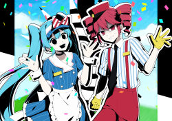  2girls apron black_choker black_eyes black_necktie blue_dress blue_hair bow buttons chio_(akiciou) choker collared_shirt commentary confetti diagonal-striped_bow double-breasted dress drill_hair empty_eyes frilled_apron frills gloves hair_intakes hand_up hands_up hat hatsune_miku highres kasane_teto long_hair mesmerizer_(vocaloid) multiple_girls necktie open_mouth pants puffy_short_sleeves puffy_sleeves red_eyes red_hair red_hat red_pants sharp_teeth shirt short_sleeves smile striped_clothes striped_dress striped_shirt suspenders sweat teeth twin_drills twintails utau vertical-striped_clothes vertical-striped_dress vertical-striped_shirt visor_cap vocaloid waist_apron waitress white_apron white_shirt white_wrist_cuffs wrist_cuffs yellow_gloves 
