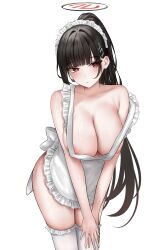 1girl absurdres apron at_congju black_hair blue_archive blush breasts collarbone halo highres large_breasts leaning_forward long_hair looking_at_viewer maid_apron naked_apron nipple_slip nipples own_hands_together ponytail red_eyes rio_(blue_archive) simple_background solo thighhighs very_long_hair white_apron white_background white_thighhighs  rating:Questionable score:20 user:danbooru