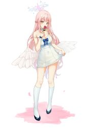  1girl 1yu_x angel_wings black_footwear blue_archive blush breasts choker cleavage dress feathered_wings flower full_body halo highres holding holding_flower kneehighs large_breasts long_hair mika_(blue_archive) pink_hair pink_halo red_flower shoes sleeveless sleeveless_dress socks solo standing white_choker white_dress white_socks white_wings wings yellow_eyes 