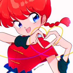  1girl blue_eyes braid braided_ponytail breasts heart heart_hands highres open_mouth punch121ykk ranma-chan ranma_1/2 red_hair simple_background solo teeth twitter_username white_background 