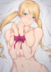 1girl bed_sheet blonde_hair blush bound bound_wrists breasts breasts_squeezed_together clenched_hands collarbone commentary_request commission cowboy_shot earrings green_eyes groin gundam gundam_tekketsu_no_orphans hands_up heart heart_earrings highres jewelry lafter_frankland large_breasts long_hair looking_at_viewer lying navel nude on_back ozaneko parted_lips partial_commentary red_ribbon ribbon shadow sidelocks skeb_commission smile solo sweat swept_bangs twintails rating:Questionable score:50 user:danbooru