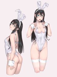  1girl alternate_costume animal_ears ass black_hair blue_nails breasts choker commentary_request cropped_legs fake_animal_ears green_eyes hair_between_eyes highleg highleg_leotard highres kantai_collection leotard long_hair looking_at_viewer multiple_views ooyodo_(kancolle) playboy_bunny rabbit_ears semi-rimless_eyewear simple_background small_breasts thighhighs white_choker white_leotard white_thighhighs white_wrist_cuffs wrist_cuffs yuuji_(and)  rating:Sensitive score:13 user:danbooru