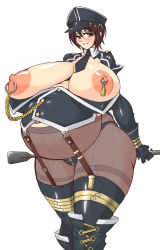  1girl areola_piercing arms_behind_back blush boots breasts breasts_apart breasts_out brown_eyes brown_hair collared_shirt framed_breasts garter_straps gigantic_breasts gloves hat idolmaster idolmaster_cinderella_girls linked_piercing looking_at_viewer looking_to_the_side maternity_pantyhose military military_hat military_uniform navel necktie nipple_piercing nipple_tassels nipples oikawa_shizuku panties panties_over_pantyhose pantyhose parted_lips peaked_cap piercing pregnant renges riding_crop sagging_breasts shirt short_hair smile solo standing tetsubire thick_thighs thighs underwear uniform white_background zipper 