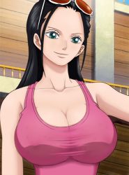  1girl black_hair blue_eyes breasts cleavage eyewear_on_head female_focus large_breasts long_hair nico_robin one_piece screencap solo stitched sunglasses tank_top third-party_edit upper_body  rating:Questionable score:105 user:shadowthecorn
