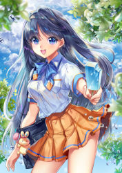 1girl bag blue_eyes blue_hair blue_ribbon breast_pocket breasts commentary_request cu-rim day floating_hair food highres holding long_hair looking_at_viewer moe2019 neck_ribbon open_mouth orange_skirt original outdoors outstretched_arm pleated_skirt pocket popsicle ribbon school_bag school_uniform shirt skirt sky solo standing stuffed_animal stuffed_toy uniform water water_drop white_shirt wind 