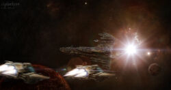  3d absurdres alecmcleod artist_name blurry blurry_foreground caldari_state_(eve_online) capital_ship_(eve_online) carrier carrier_(eve_online) cloud combat_ship_(eve_online) commentary eve_online flying highres lens_flare military_vehicle nebula no_humans original outdoors photoshop_(medium) planet realistic scenery science_fiction sky space spacecraft star_(sky) star_(symbol) starry_background starry_sky super_capital_ship_(eve_online) thrusters wyvern_(eve_online) 