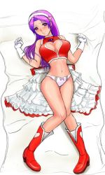  1girl asamiya_athena bed_sheet blush boots bow cleavage_cutout clothing_cutout female_focus full_body gloves hairband heart_cutout legs long_hair looking_at_viewer lying midriff navel panties purple_eyes purple_hair snk the_king_of_fighters the_king_of_fighters_2003 thigh_gap underwear  rating:Questionable score:17 user:BLML72