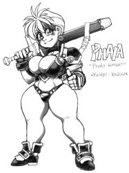  1girl armor bikini_armor breasts cleavage earrings fingerless_gloves gloves highres jewelry large_breasts master_oki_akai monochrome phaia revealing_clothes shoes short_hair shoulder_pads simple_background smile solo spunky_knight standing thick_thighs thighs thumbs_up 