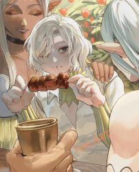  1girl 2boys :t black_choker black_eyes chalice chewing choker cithis closed_eyes collarbone collared_shirt cup day dungeon_meshi eating elf food food_on_face hand_on_another&#039;s_shoulder highres holding holding_cup holding_food kebab leaf male_focus mithrun multiple_boys no_pupils notched_ear one_eye_closed pointy_ears shirt short_hair smile solo_focus swept_bangs upper_body white_hair white_shirt wouwauwau 
