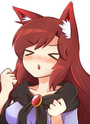  &gt;_&lt; 1girl animal_ear_fluff animal_ears blush breasts brooch brown_hair clenched_hands derivative_work dress closed_eyes howling imaizumi_kagerou jewelry long_hair meme nose_blush parody solo touhou wolf_ears wool_(miwol)  rating:Sensitive score:24 user:danbooru