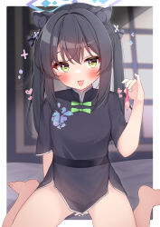 1girl :p absurdres animal_ears bare_legs barefoot black_dress black_hair blue_archive blurry blush china_dress chinese_clothes condom cum cum_on_floor depth_of_field dress female_focus green_eyes hair_ornament hair_ribbon halo highres holding holding_condom looking_at_viewer ribbon shun_(blue_archive) shun_(small)_(blue_archive) side_slit sitting solo tiger_ears tiger_girl toes tongue tongue_out used_condom wariza yosh1na rating:Explicit score:48 user:danbooru