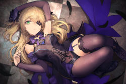  1girl absurdres bare_shoulders black_gloves black_thighhighs blonde_hair blush bodystocking bow breasts checkered_floor elbow_gloves eyepatch feathers fischl_(genshin_impact) garter_straps genshin_impact gloves green_eyes hair_between_eyes hair_over_one_eye highres huge_filesize long_hair looking_at_viewer lying medium_breasts on_back parted_lips purple_bow purple_neckwear shirataki_jiro single_leg_pantyhose single_thighhigh solo thighhighs thighs two_side_up  rating:Sensitive score:82 user:danbooru