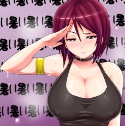  1girl armlet armpits bare_shoulders blush breasts choker cleavage collarbone earrings highres hot huge_breasts jewelry large_breasts okyou purple_eyes red_eyes salute shirt short_hair snk solo sweat tank_top taut_clothes taut_shirt the_king_of_fighters translated wet whip_(kof)  rating:Sensitive score:229 user:danbooru