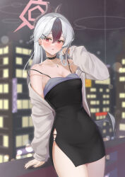  1girl absurdres arikawa_rui black_dress black_hair black_nails blue_archive blush breasts cleavage cowboy_shot dress fingernails grey_hair grey_jacket hair_between_eyes halo highres jacket kayoko_(blue_archive) kayoko_(dress)_(blue_archive) long_hair long_sleeves medium_breasts multicolored_hair nail_polish official_alternate_costume open_clothes open_jacket open_mouth pink_halo red_eyes solo 