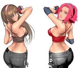  2girls ass brown_hair butt_crack crop_top dead_or_alive denim elbow_pads fingerless_gloves from_behind gloves hairband haruno_sakura headband highres hitomi_(doa) jeans long_hair looking_back multiple_girls naruto naruto_(series) pants pink_hair pinup_(style) ryu_(ryu&#039;s_form_site) short_hair sports_bra third-party_edit white_background  rating:Sensitive score:68 user:fetishit_jeans