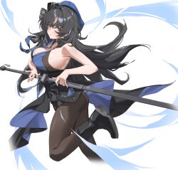  1girl absurdres ass bare_shoulders black_hair breasts cleavage dress highres holding holding_sword holding_weapon katana large_breasts long_hair looking_at_viewer pantyhose sheath simple_background sleeveless solo summer_(724788381) sword tacet_mark_(wuthering_waves) very_long_hair weapon white_background wuthering_waves yangyang_(wuthering_waves) 