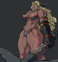 1girl abs amazon_(dragon&#039;s_crown) amazon_warrior armlet armor bad_id bad_pixiv_id bikini_armor blonde_hair blue_eyes breasts circlet covered_erect_nipples dark-skinned_female dark_skin dragon&#039;s_crown feathers gloves grin halberd large_breasts light_areolae long_hair mikoyan muscular muscular_female nipples polearm scar smile solo tattoo thick_thighs thighs vanillaware weapon rating:Explicit score:45 user:thebatman