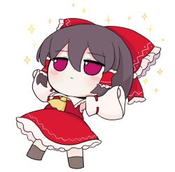 1girl armpits brown_hair chibi closed_mouth detached_sleeves expressionless frilled_hair_tubes frills full_body fumo_(doll) hair_between_eyes hair_tubes hakurei_reimu jitome long_sleeves no_nose outstretched_arms purple_eyes red_ribbon red_shirt red_skirt rei_(tonbo0430) ribbon shirt skirt solo touhou wide_sleeves  rating:General score:7 user:danbooru