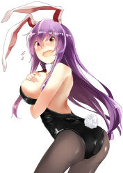 1girl alternate_costume animal_ears ass back bare_shoulders black_leotard black_pantyhose breast_hold breasts cleavage covering_privates covering_breasts deetamu detached_collar highres large_breasts leotard long_hair looking_at_viewer looking_back necktie pantyhose playboy_bunny purple_hair rabbit_ears rabbit_girl rabbit_tail red_eyes red_necktie reisen_udongein_inaba solo strapless strapless_leotard surprised tail touhou very_long_hair rating:Sensitive score:17 user:danbooru