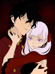 bad_tag black_clover black_hair couple cuddling enganged holding_person hug noelle_silva pink_eyes smile twintails yuno_(black_clover)