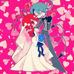  1boy 1girl ahoge antenna_hair blue_hair blue_ribbon bouquet breasts chain chain_leash cleavage collar colored_skin commission couple demon_boy demon_tail dress fang flower forced_partners formal funamusea funamusea_(artist) grey_suit hair_flower hair_ornament heart heart_ahoge heart_background highres hijoushiki_roc holding holding_bouquet holding_leash large_breasts leash lobco_(wadanohara) lobster_girl official_art oounabara_to_wadanohara open_mouth pink_background red_eyes red_hair ribbon short_hair single_tear skeb_commission suit tail wedding_dress white_dress white_skin 