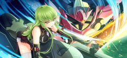  1girl akatsuki_(code_geass) artist_request bare_shoulders black_shirt black_sleeves breasts c.c. code_geass code_geass:_lost_stories detached_sleeves female_focus game_cg green_hair hair_between_eyes hanging_breasts leaning_forward long_hair long_sleeves looking_afar mecha medium_breasts night non-web_source official_art one-eyed open_mouth orange_eyes outdoors piloting robot shirt short_shorts shorts sidelocks sitting sleeveless sleeveless_shirt solo sparks thighhighs thighs white_shorts white_thighhighs yellow_eyes  rating:Sensitive score:0 user:AngryZapdos