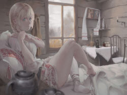  1girl absurdres barefoot bed blonde_hair blue_eyes blurry braid depth_of_field feet full_body highres indoors legs russia soles thighs toes traditional_clothes window  rating:Sensitive score:9 user:WaifuWar