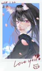  1girl animal_ear_fluff bandaid bandaid_on_face bandaid_on_nose black_hair black_shirt blue_sky bruise bruise_on_face cat_girl chaoji_shuihouzi character_name chinese_commentary cloud commentary dated doodle_inset english_text falling_petals highres injury k.k._(path_to_nowhere) lens_flare long_hair looking_at_viewer looking_back path_to_nowhere petals pink_petals polaroid portrait red_eyes shirt sky solo 