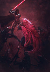  501st_legion_:_vader&#039;s_fist_vs_space_cockroaches alien_(series) alien_queen aliens_(1986) cape crossover darth_vader drooling energy_sword epic guillem_h_pongiluppi helmet highres holding holding_sword holding_weapon lightsaber open_mouth profile realistic saliva sith star_wars sword weapon xenomorph  rating:Questionable score:21 user:teste-04-11-16