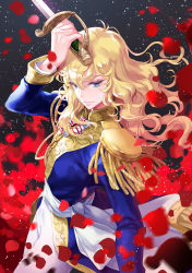  1girl androgynous blue_eyes blurry closed_mouth comet_(teamon) epaulettes flower hair_between_eyes holding holding_weapon long_hair motion_blur oscar_francois_de_jarjayes petals red_flower red_rose rose rose_petals saber_(weapon) serious solo sword uniform versailles_no_bara wavy_hair weapon 