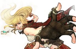  1girl absurdres blonde_hair blue_eyes brown_gloves final_fantasy final_fantasy_xiv fingerless_gloves floating_hair gloves grey_shorts grin highres incoming_attack incoming_punch jacket jewelry looking_at_viewer lyse_hext meme muhash14 necklace open_clothes open_jacket pepe_punch_(meme) ponytail punching red_jacket shorts simple_background smile solo white_background 