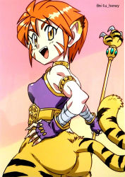  1girl animal_ears ass breasts breath_of_fire breath_of_fire_ii bustier capcom cat_ears cat_tail facial_mark furry furry_female gloves green_eyes highres hikari_(mitsu_honey) looking_at_viewer medium_breasts no_pants open_mouth orange_hair pointy_ears rinpoo_chuan short_hair smile solo staff tail 