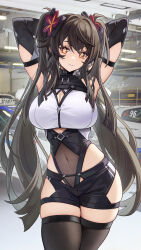  1girl alternate_costume armpits arms_behind_head arms_up black_hair black_leotard black_shorts black_thighhighs blush breasts catsmoon cleavage cleavage_cutout closed_mouth clothing_cutout cowboy_shot genshin_impact hair_ornament highleg highleg_leotard highres hu_tao_(genshin_impact) large_breasts leotard long_hair looking_at_viewer red_eyes see-through shorts signature skindentation smile solo symbol-shaped_pupils thighhighs thighs twintails  rating:Sensitive score:43 user:danbooru