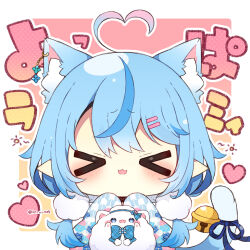  &gt;_&lt; 1girl :d ahoge animal_ear_fluff animal_ears bell blue_eyes blue_hair blue_kimono blue_ribbon blush blush_stickers cat_ears cat_girl cat_tail chibi closed_eyes commentary_request daifuku_(yukihana_lamy) facing_viewer floral_print hair_ornament hairclip heart heart_ahoge hololive japanese_clothes jingle_bell kimono long_hair long_sleeves low_twintails multicolored_hair muuran open_mouth pointy_ears print_kimono ribbon sleeves_past_fingers sleeves_past_wrists smile streaked_hair tail tail_bell tail_ornament tail_ribbon translation_request twintails twitter_username upper_body virtual_youtuber xd yagasuri yukihana_lamy 