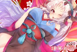  1girl 2021 black_kimono blue_kimono butterfly_wings crown_of_thorns dated edamameoka facial_mark fairy_wings fire_emblem fire_emblem_heroes forehead_mark highres insect_wings japanese_clothes kimono new_year nintendo official_alternate_costume open_mouth plumeria_(fire_emblem) plumeria_(new_year)_(fire_emblem) red_eyes red_trim two-tone_kimono wings 