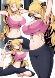 1girl alternate_costume armpits barefoot blonde_hair breasts cleavage clenched_teeth collage commentary_request creatures_(company) cynthia_(pokemon) exercising exercise_machine fang flexible game_freak grey_eyes gym hair_over_one_eye highres large_breasts midriff navel nintendo on_floor pants pink_sports_bra pokemon pokemon_dppt shimure_(460) sitting soles solo sports_bra standing stretching sweat teeth toes trembling yoga_pants rating:Sensitive score:184 user:danbooru
