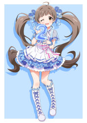  1girl ;d ahoge apron balloon blue_background blue_bow blue_dress blue_theme blue_wrist_cuffs blush boots border bow bowtie brown_eyes brown_hair center_frills collared_dress commentary_request countdown cross-laced_footwear dot_nose dress frills full_body gingham gingham_bow gingham_dress goma_konbu hair_bow hakozaki_serika hands_up head_tilt highres holding holding_balloon idolmaster idolmaster_million_live! knee_boots lace-up_boots lone_nape_hair long_hair looking_at_viewer number_balloon one_eye_closed open_mouth outside_border petticoat raised_eyebrows ribbon see-through see-through_sleeves shadow short_dress short_sleeves smile solo striped_ribbon swept_bangs tareme twintails very_long_hair waist_apron waist_bow white_border white_bow white_bowtie white_footwear white_ribbon wrist_cuffs 