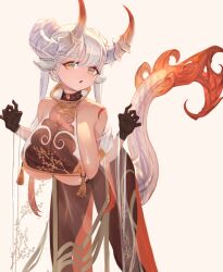  1girl :o animal_ears bare_shoulders black_gloves black_pants blue_pupils breast_curtain breasts cleavage curled_horns fang floral_print gloves gold_tassel gradient_horns horizontal_pupils horns huge_breasts leaning_forward long_hair moco_(moco_28) multicolored_horns orange_horns original pants pelvic_curtain see-through see-through_cleavage sideboob solo tail white_horns yellow_eyes 