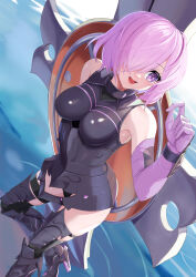  1girl absurdres armor armored_boots armored_leotard bare_shoulders black_armor boobplate boots breastplate elbow_gloves fate/grand_order fate_(series) gloves hair_over_one_eye highres mash_kyrielight mixed-language_commentary one_eye_covered open_mouth pink_hair purple_eyes purple_gloves shield short_hair smile solo user_jmtm3733 water 