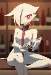  1girl bandaid bandaids_on_nipples bar_(place) beak bird_girl bird_tail blurry blurry_background blush bottle breasts bright_pupils commentary dated detached_collar english_commentary furry furry_female hair_over_one_eye highres holding holding_bottle kaltespur looking_at_viewer medium_breasts necktie nude open_mouth original pasties red_eyes red_necktie shelf signature sitting sitting_on_bar solo tail white_hair white_pupils 