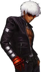 1boy asymmetrical_gloves dark-skinned_male dark_skin fingerless_gloves gloves highres jacket jewelry k&#039;_(kof) king_of_fighters_xiii leather leather_jacket male_focus mismatched_gloves necklace official_art ogura_eisuke red_eyes short_hair snk solo sunglasses the_king_of_fighters the_king_of_fighters_xiii thumb_in_pocket transparent_background unzipped white_hair rating:Sensitive score:12 user:danbooru