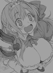 1girl absurdres blush braid breasts cleavage drooling gloves greyscale hair_ribbon highres large_breasts long_hair monochrome open_mouth pecorine_(princess_connect!) princess_connect! puffy_short_sleeves puffy_sleeves ribbon short_sleeves shrug_(clothing) side_braid skirt smile tiara whoosaku rating:Sensitive score:20 user:danbooru