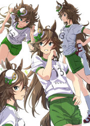  1girl ahoge animal_ears blouse bow brown_hair commentary_request cowboy_shot ear_wiggle eye_trail floating_hair green_bow green_eyes gym_shirt gym_shorts gym_uniform hair_ornament hairpin hand_on_own_hip hat highres horse_ears horse_girl horse_tail kneehighs light_trail long_hair looking_at_viewer mini_hat mini_top_hat misu_kasumi mr._c.b._(umamusume) numbered running running_shoes shirt shorts simple_background smile socks solo split_mouth stretching sweat tail top_hat training twitter_username umamusume uniform white_background white_hat white_shirt wiping_face wiping_sweat  rating:General score:8 user:borgo42