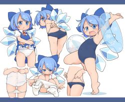 1girl ahoge bare_arms bare_legs bare_shoulders barefoot black_one-piece_swimsuit blue_bow blue_dress blue_eyes blue_hair blush bow buttons cirno closed_mouth collared_shirt detached_wings dress fairy female_focus full_body hair_bow highres ice ice_wings innertube loli multiple_views one-piece_swimsuit open_mouth panties panty_pull puffy_short_sleeves puffy_sleeves shirt short_hair short_sleeves smile socks swim_ring swimsuit touhou turnip_kabura underwear white_panties white_shirt white_socks wings  rating:Sensitive score:81 user:danbooru