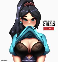  1girl absurdres black_bra black_hair blue_eyes blush bra breasts clothes_in_mouth commentary earrings highres jewelry large_breasts mouth_hold riohyeon sage_(valorant) shirt_in_mouth underwear valorant 