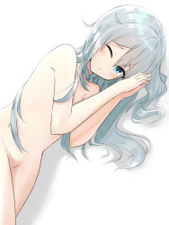1girl blue_eyes blush closed_mouth evening_rabbit hair_between_eyes hibiki_(kancolle) highres kantai_collection long_hair looking_at_viewer no_bra nude one_eye_closed silver_hair simple_background solo underwear undressing white_background rating:Questionable score:5 user:danbooru