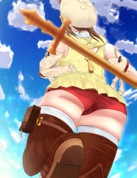 1girl artist_request ass atelier_(series) atelier_ryza boots brown_hair from_behind from_below hat highres red_shorts reisalin_stout shiny_clothes shiny_skin short_hair_with_long_locks short_shorts shorts solo staff thigh_boots thighhighs rating:Questionable score:3 user:armorcrystal