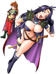  2girls armor bad_source black_footwear blue_eyes breasts cape circlet cleavage covered_erect_nipples earrings flat_chest gloves hair_intakes headband jewelry large_breasts lina_inverse long_hair looking_at_another mokkouyou_bond multiple_girls naga_the_serpent necklace open_mouth orange_hair pants red_eyes red_pants revealing_clothes shoulder_armor skull_necklace slayers smile spikes sword weapon  rating:Sensitive score:13 user:danbooru